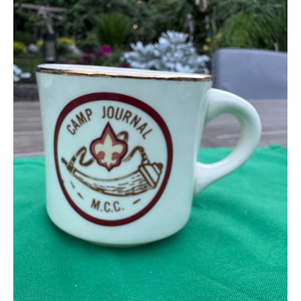 Vintage Camp Journal M.C.C. Ceramic Coffee Mug Gold Rim Scouting Cream Brown